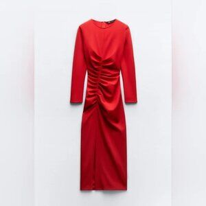 Zara Red Ruched Midi Dress – Long Sleeve, Like New